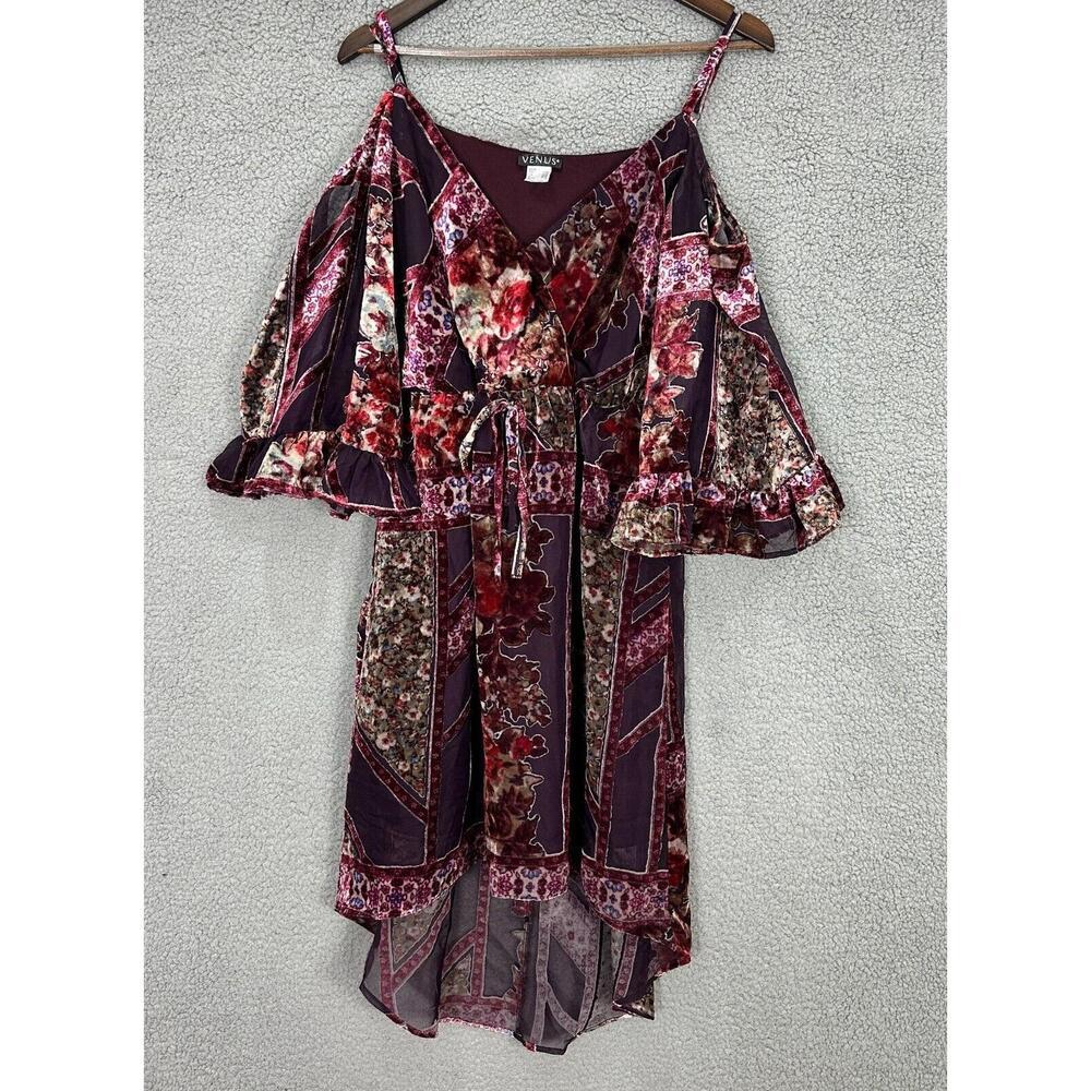 Venus Dress Women Floral Cold Shoulder High Low Ruffle Sleeve Burgundy Boho Lg